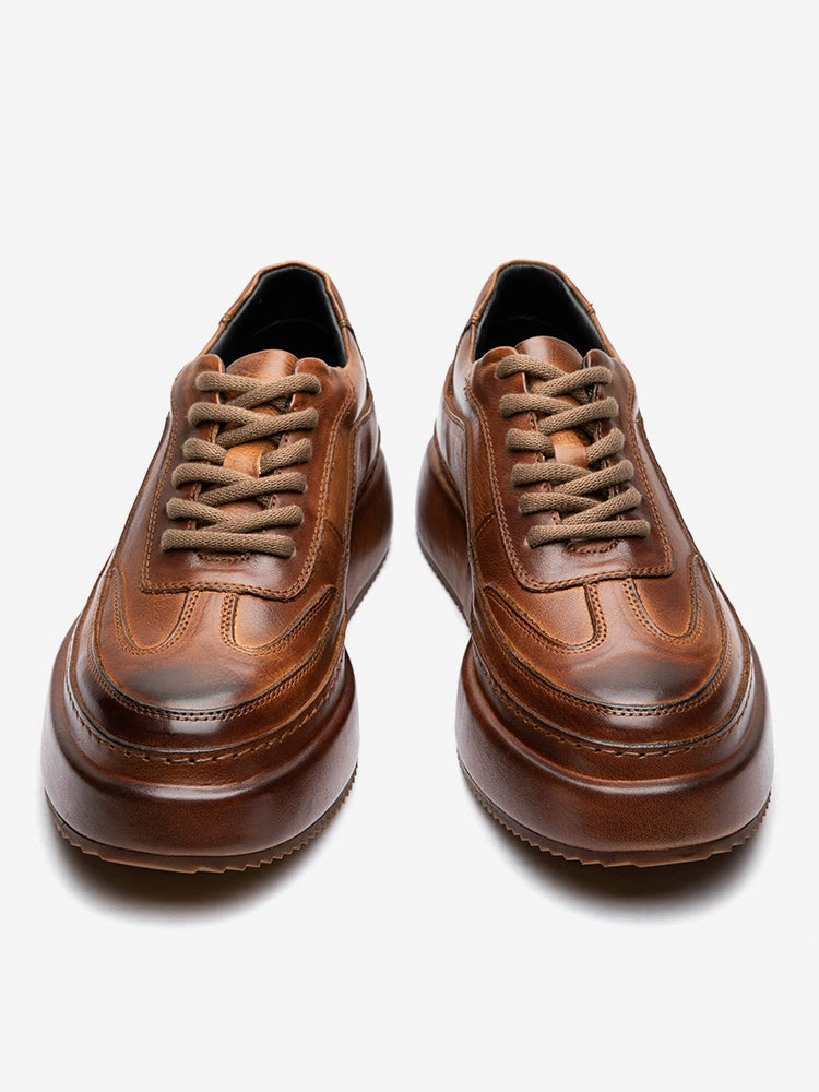 Inner heightening casual leather shoes men's genuine leather lace-up retro dad shoes thick sole first layer cowhide handmade