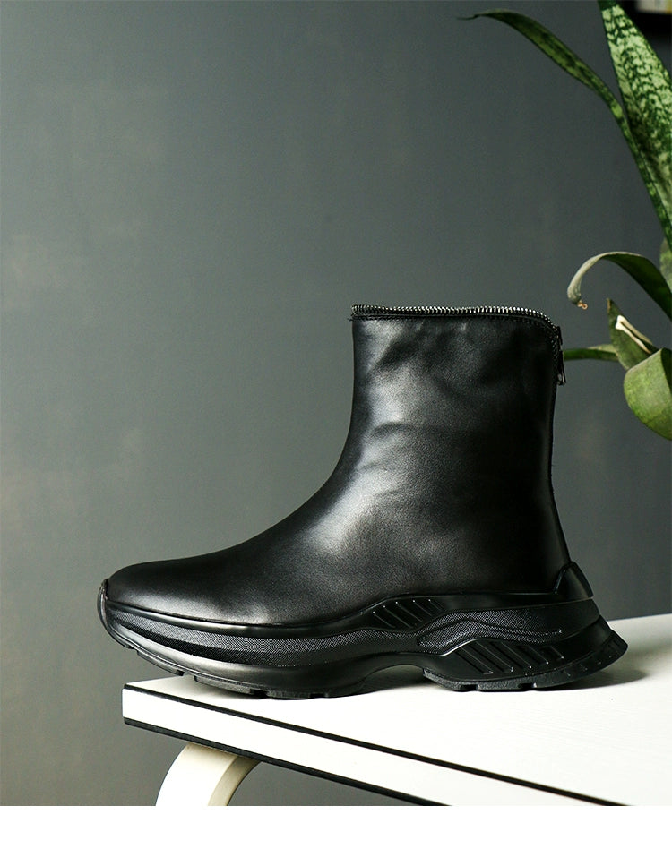 Sports leather boots cowhide rear zipper short boots heightened TPU bottom cowhide thick-soled men's boots