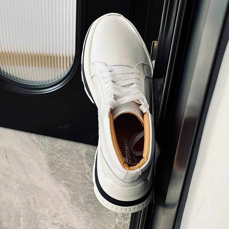 Round head sports high-top first-layer cowhide lace-up short boots increase the height of trendy men's thick soles