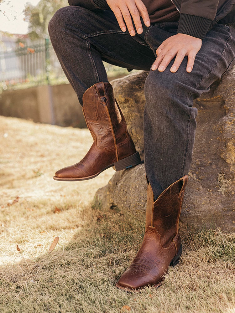 vintage embroidered leather western men brown denim boots