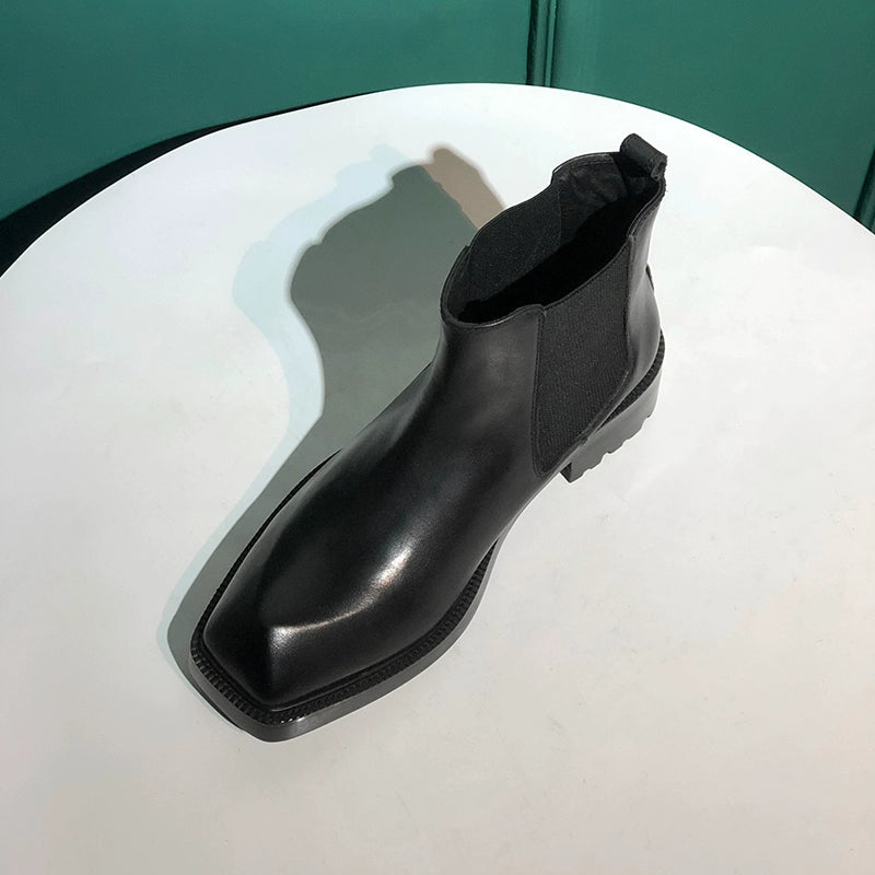 Special-shaped leather boots square head European and American first-layer cowhide black thick-soled heightening men's boots