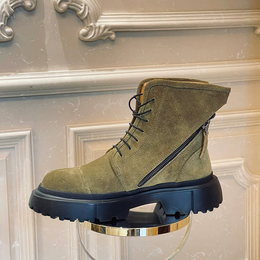 Green Martin boots frosted dark green lace-up double zipper round head heightened platform short boots