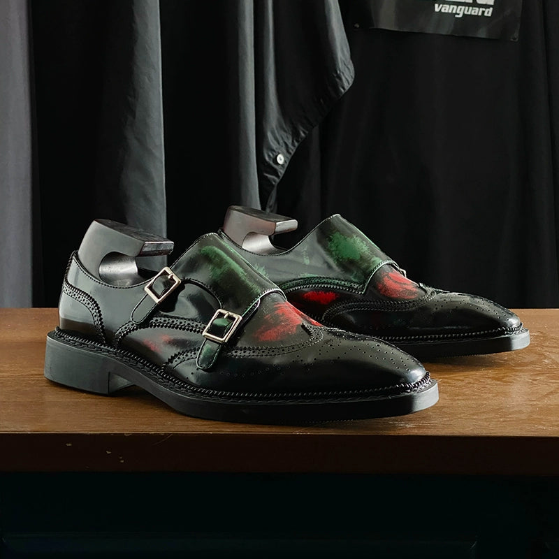 Color matching Munch shoes red and green leather shoes dress engraved shoes fashion flat button men's shoes