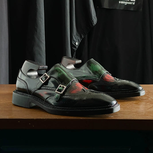 Color matching Munch shoes red and green leather shoes dress engraved shoes fashion flat button men's shoes