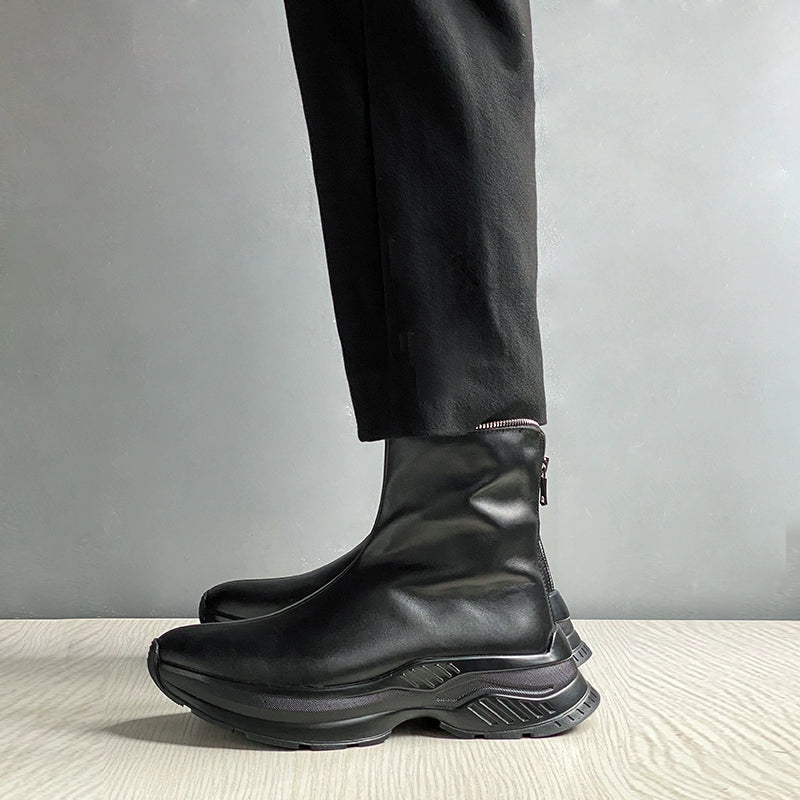Sports leather boots cowhide rear zipper short boots heightened TPU bottom cowhide thick-soled men's boots