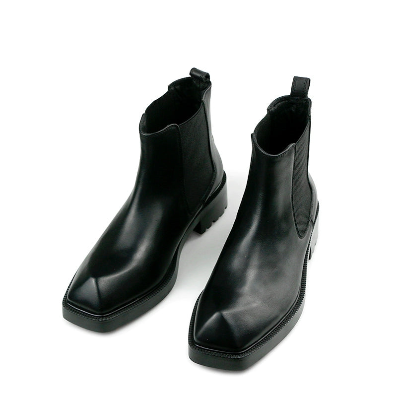 Special-shaped leather boots square head European and American first-layer cowhide black thick-soled heightening men's boots