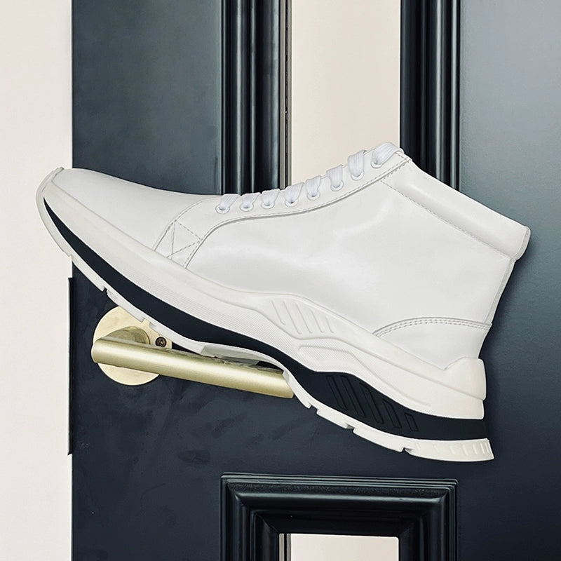 Round head sports high-top first-layer cowhide lace-up short boots increase the height of trendy men's thick soles