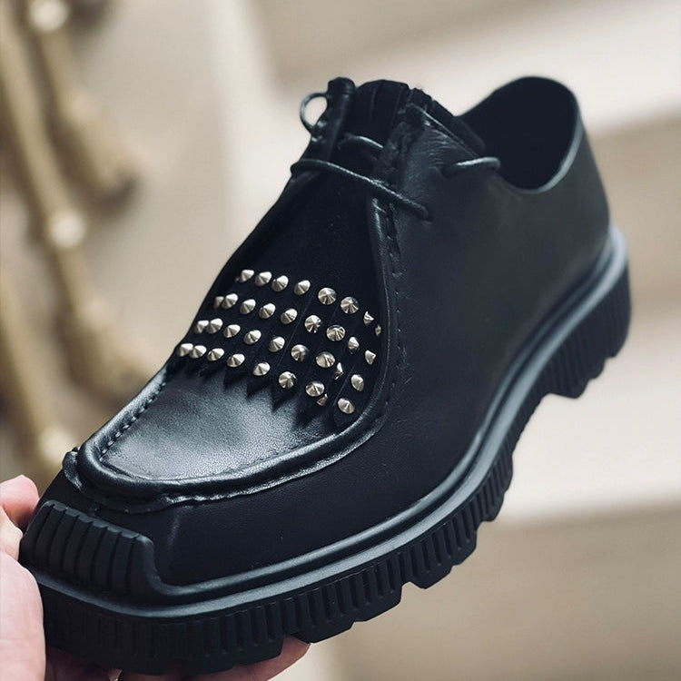 Square head casual kangaroo shoes fringed rivets TPU light bottom tide lace-up cowhide men's shoes