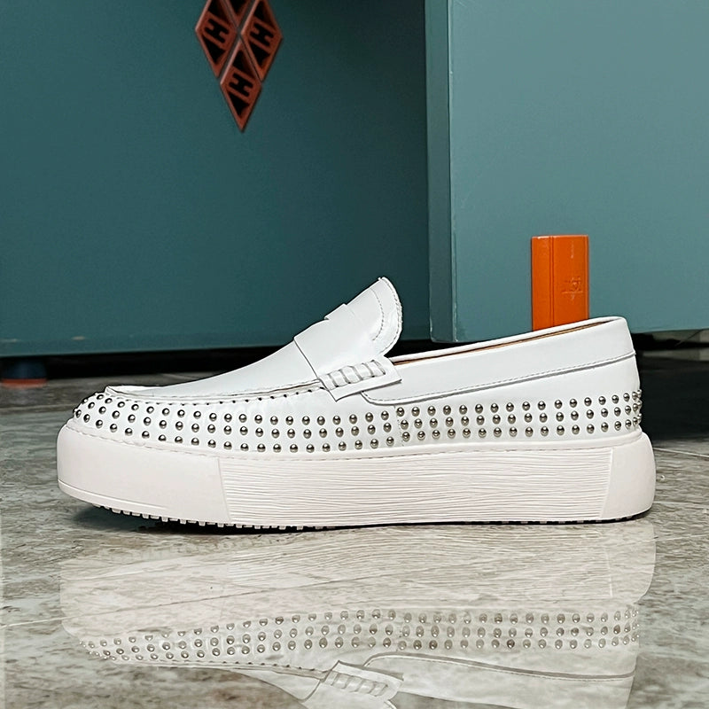 Casual board shoes, rivets, circles, soft soles, cowhide white one-pedal thick-soled men's shoes