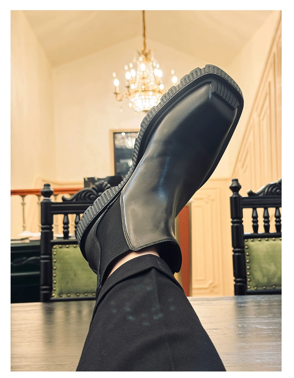 Square Head Chelsea Boots Cowhide Trend Sleeve Comfortable Lightweight Bottom Men's Boots Elastic Band