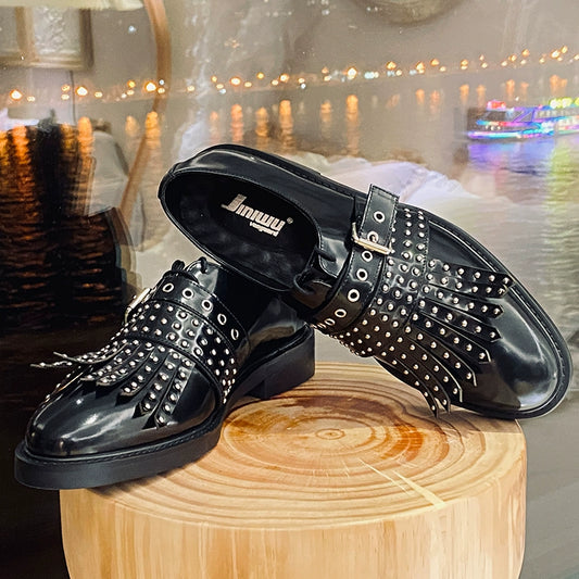 Rivet Munch shoes fringed buckle with oil black cowhide casual fashion shoes personalized leather shoes