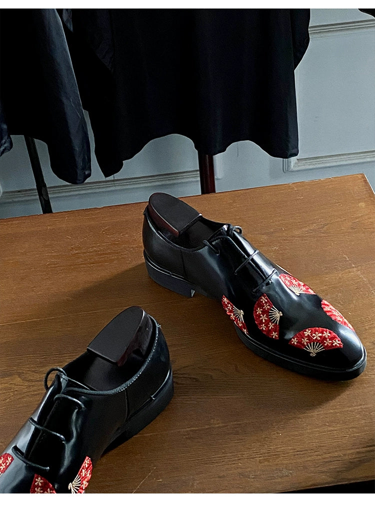 Embroidered leather shoes Chinese style orange fan Oxford shoes cowhide formal gentleman's shoes
