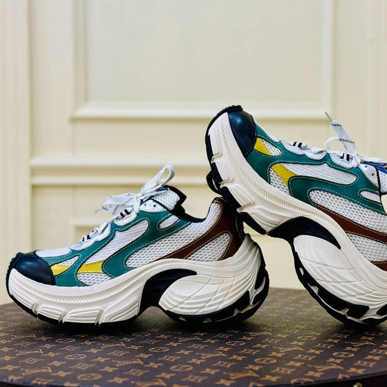 Contrasting color dad shoes black, green and yellow heightening cowhide original 8CM trendy fashion casual sports shoes