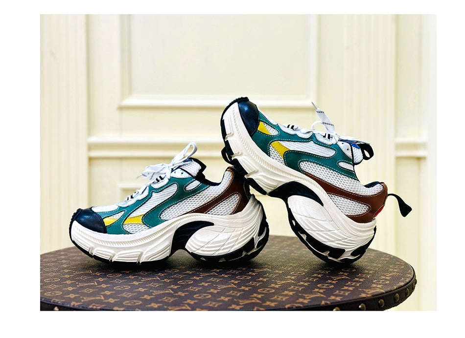 Contrasting color dad shoes black, green and yellow heightening cowhide original 8CM trendy fashion casual sports shoes