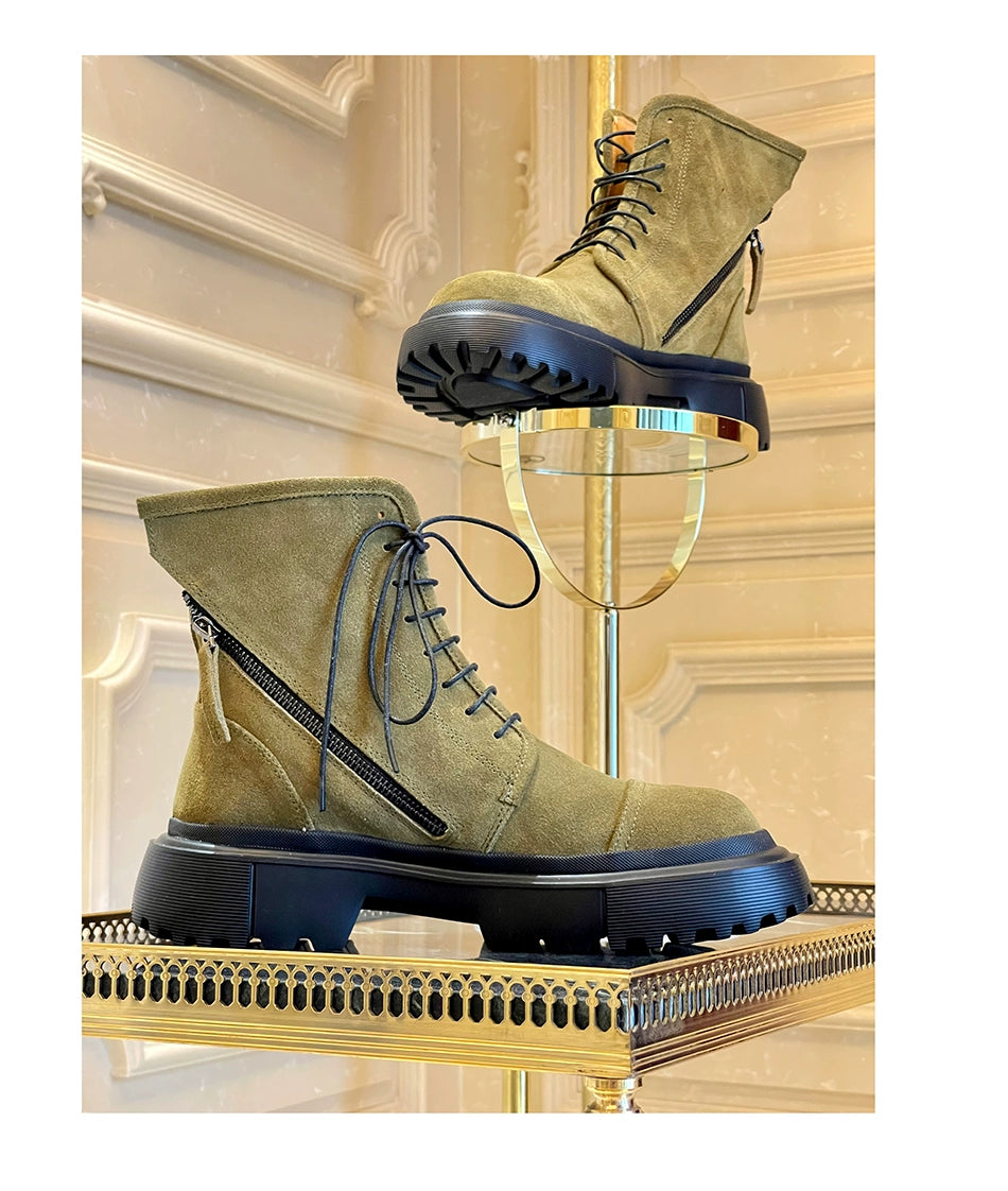 Green Martin boots frosted dark green lace-up double zipper round head heightened platform short boots