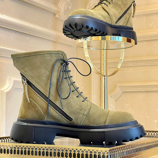 Green Martin boots frosted dark green lace-up double zipper round head heightened platform short boots