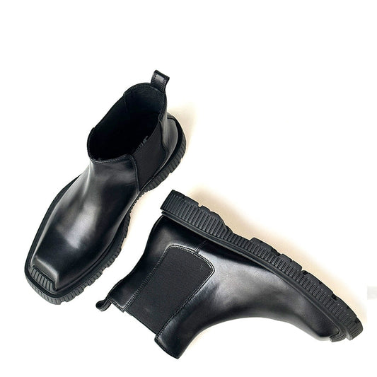 Square Head Chelsea Boots Cowhide Trend Sleeve Comfortable Lightweight Bottom Men's Boots Elastic Band