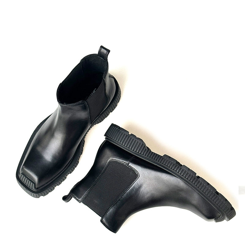 Square Head Chelsea Boots Cowhide Trend Sleeve Comfortable Lightweight Bottom Men's Boots Elastic Band