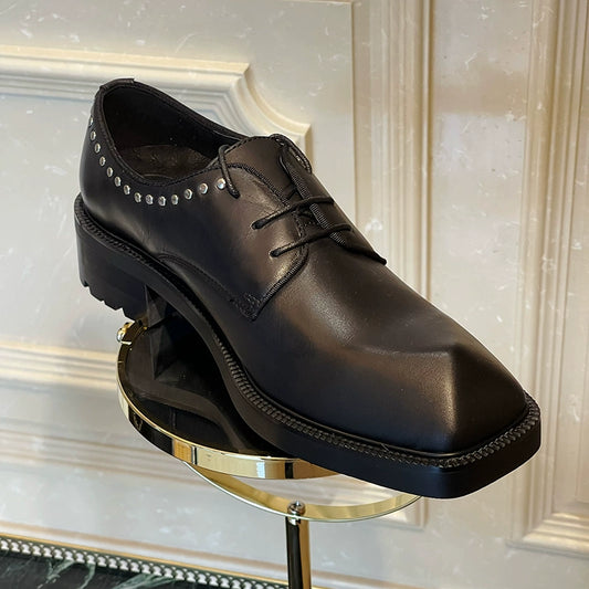 Thick-soled Derby shoes cowhide rivets special-shaped head heightened lace-up pure black personalized formal leather shoes