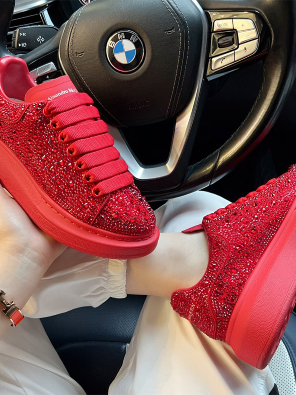 Unisex Rhinestone Platform Sneakers – Red