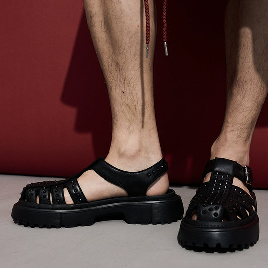 Rivet sandals men's thick soles increase height leisure beach Roman baotou hollow leather sandals