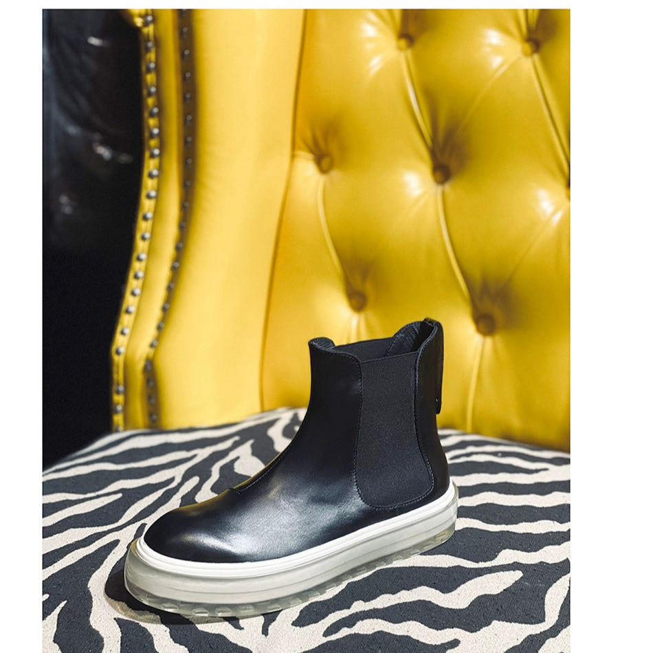 Transparent sole men's boots first layer cowhide Chelsea boots round head thick sole casual short boots