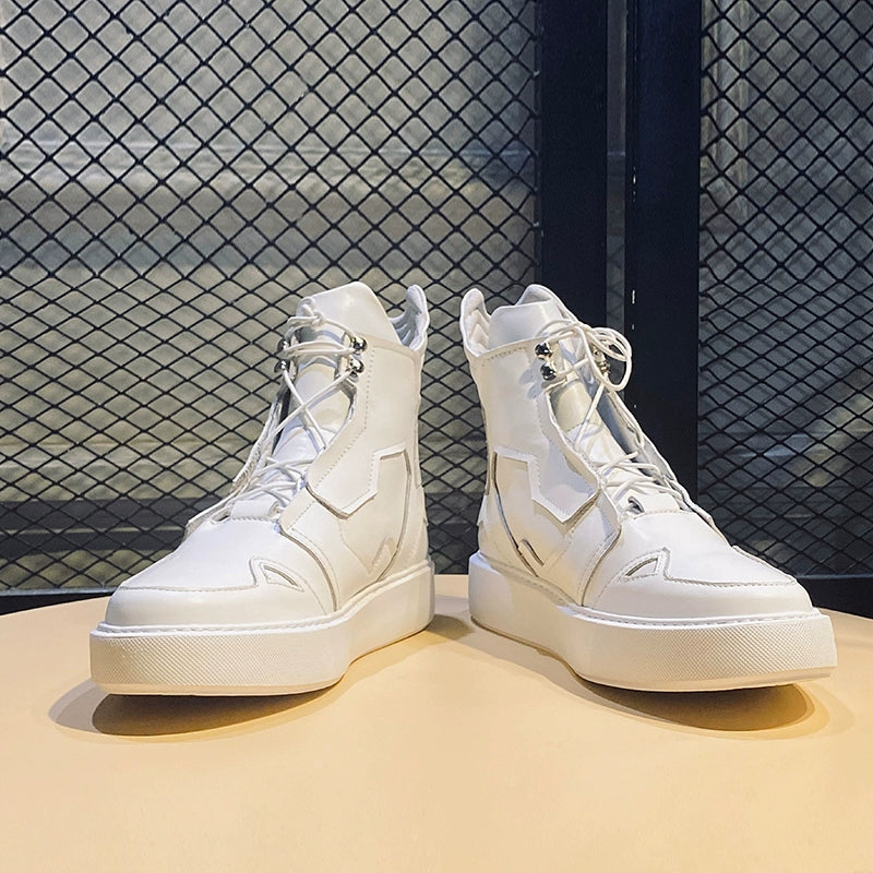 Sports white boots cowhide lace-up trendy men's British leather boots ultra-light bottom white shoes short boots