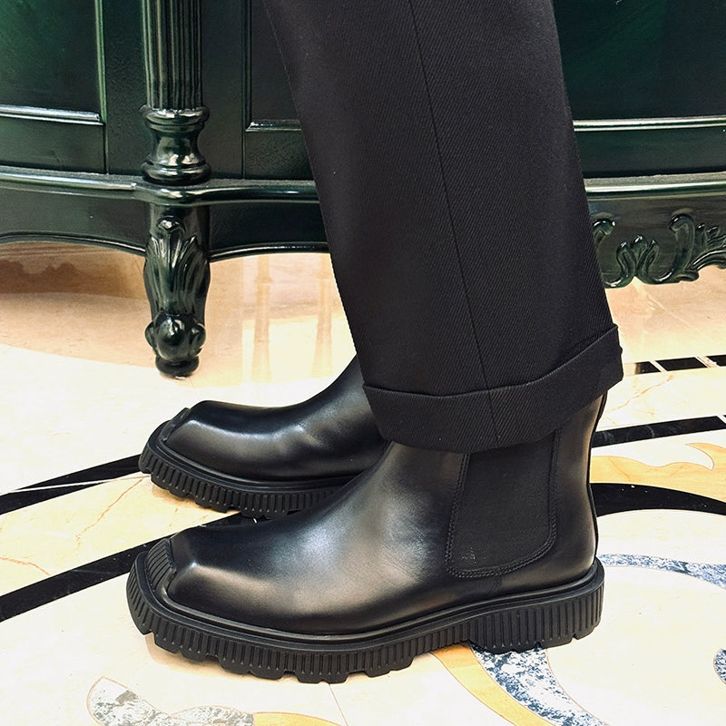 Square Head Chelsea Boots Cowhide Trend Sleeve Comfortable Lightweight Bottom Men's Boots Elastic Band