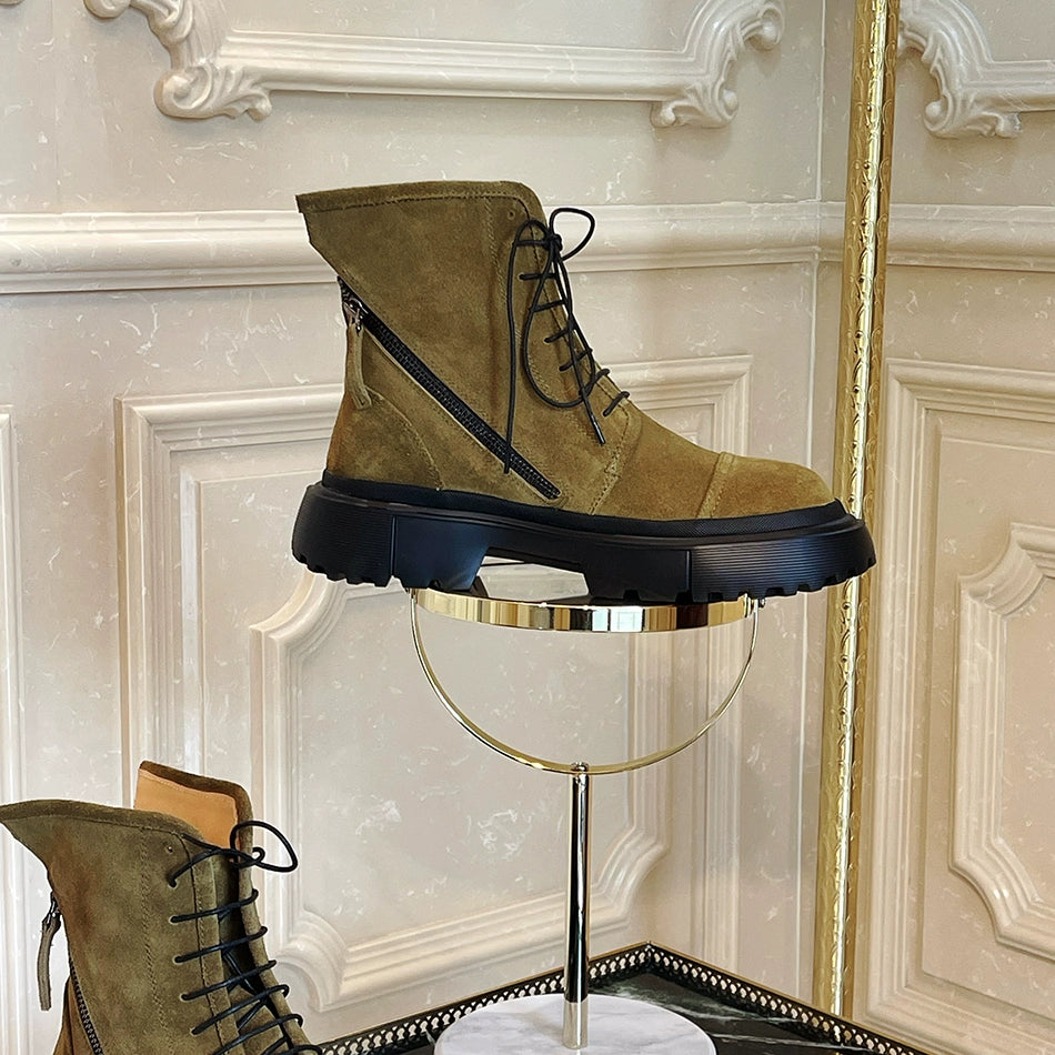 Green Martin boots frosted dark green lace-up double zipper round head heightened platform short boots