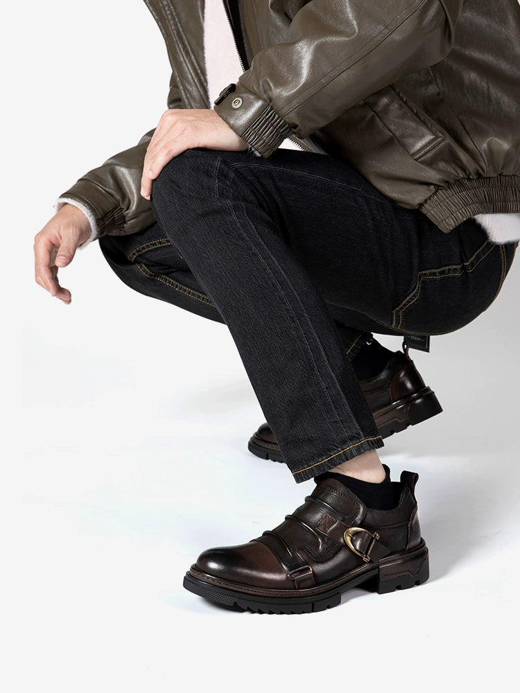 British retro casual leather shoes men's genuine leather one-pedal loafers platform-soled Chelsea Martin boots