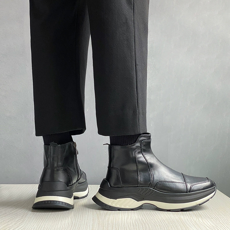 Sports leather boots cowhide line short boots heightening TPU bottom zipper thick sole men's boots