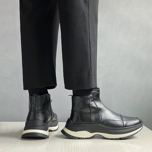 Sports leather boots cowhide line short boots heightening TPU bottom zipper thick sole men's boots