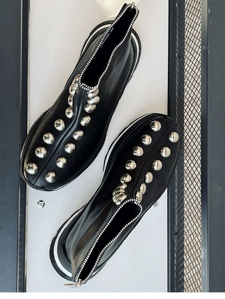 Sports leather boots cowhide zipper short boots increase the height of trendy men's big rivets thick-soled men's boots