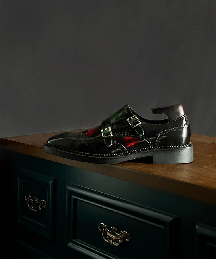 Color matching Munch shoes red and green leather shoes dress engraved shoes fashion flat button men's shoes