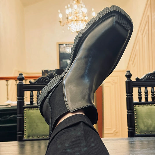Square Head Chelsea Boots Cowhide Trend Sleeve Comfortable Lightweight Bottom Men's Boots Elastic Band