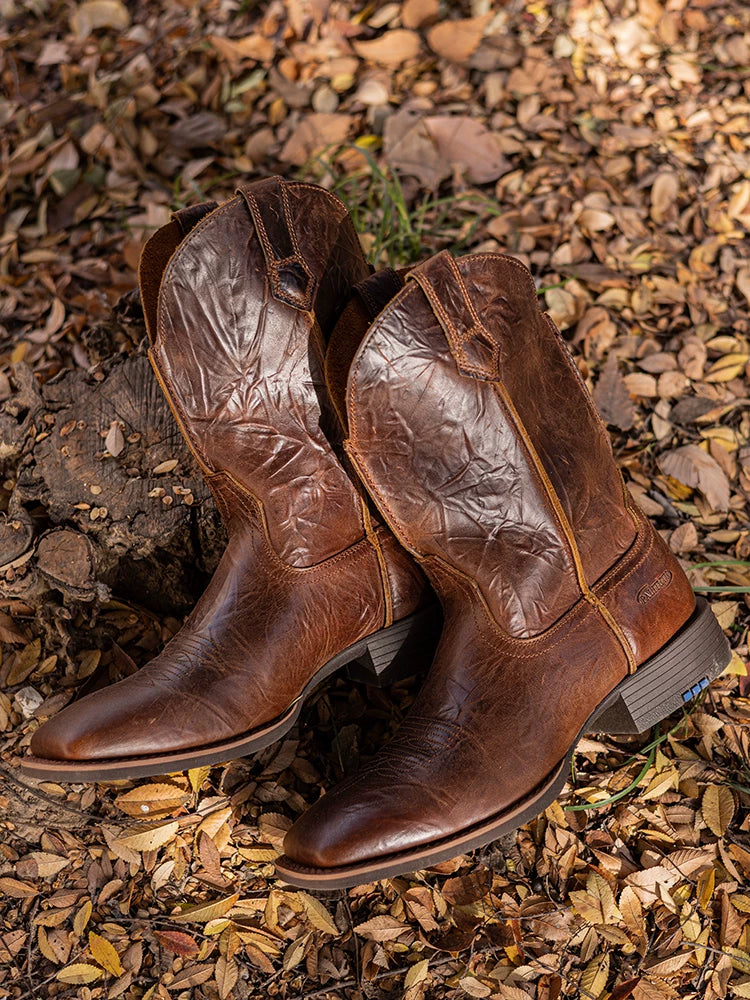vintage embroidered leather western men brown denim boots
