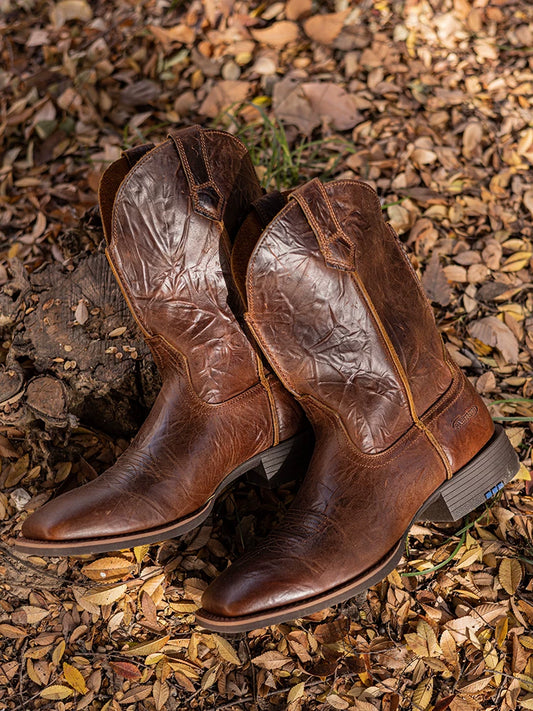 vintage embroidered leather western men brown denim boots