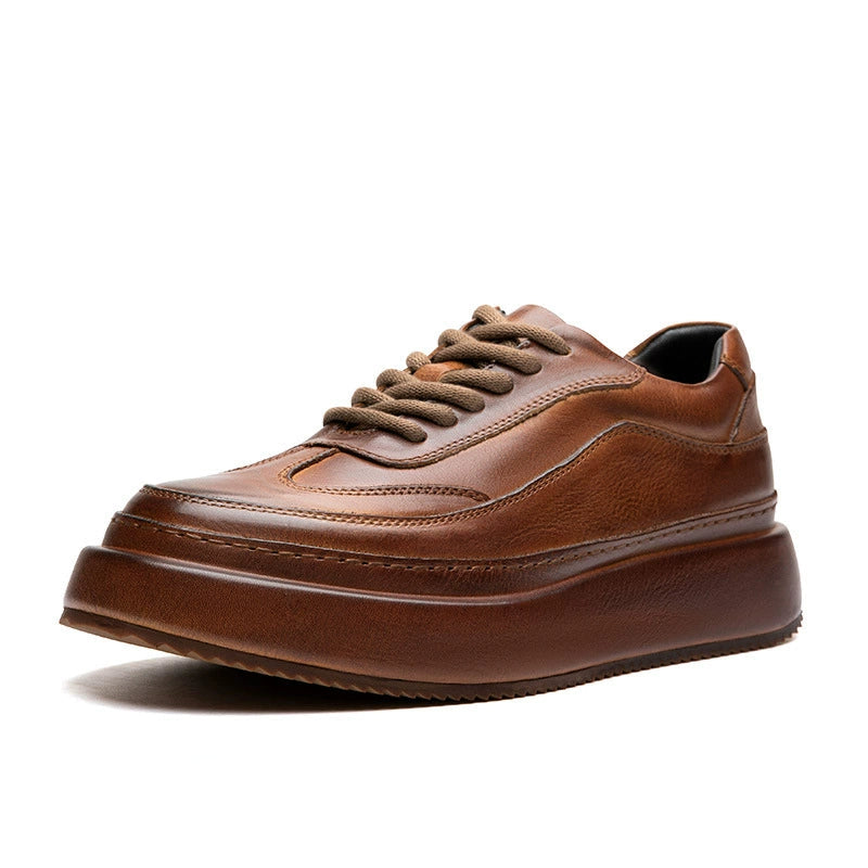 Inner heightening casual leather shoes men's genuine leather lace-up retro dad shoes thick sole first layer cowhide handmade