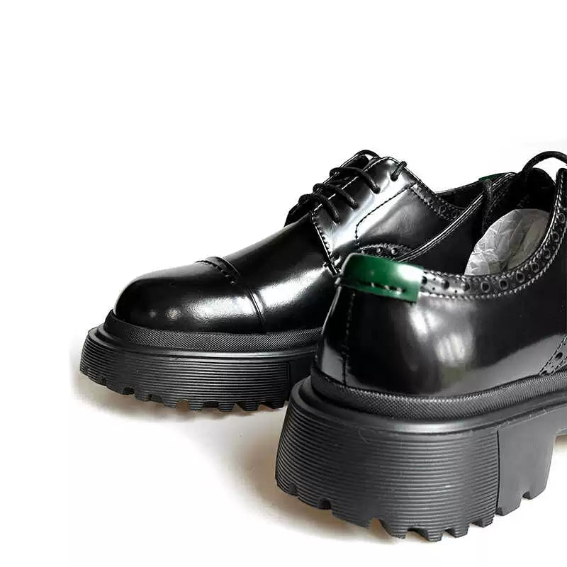 Leather shoes spring and autumn new leather fashion casual shoes pure black big head thick sole light men's shoes