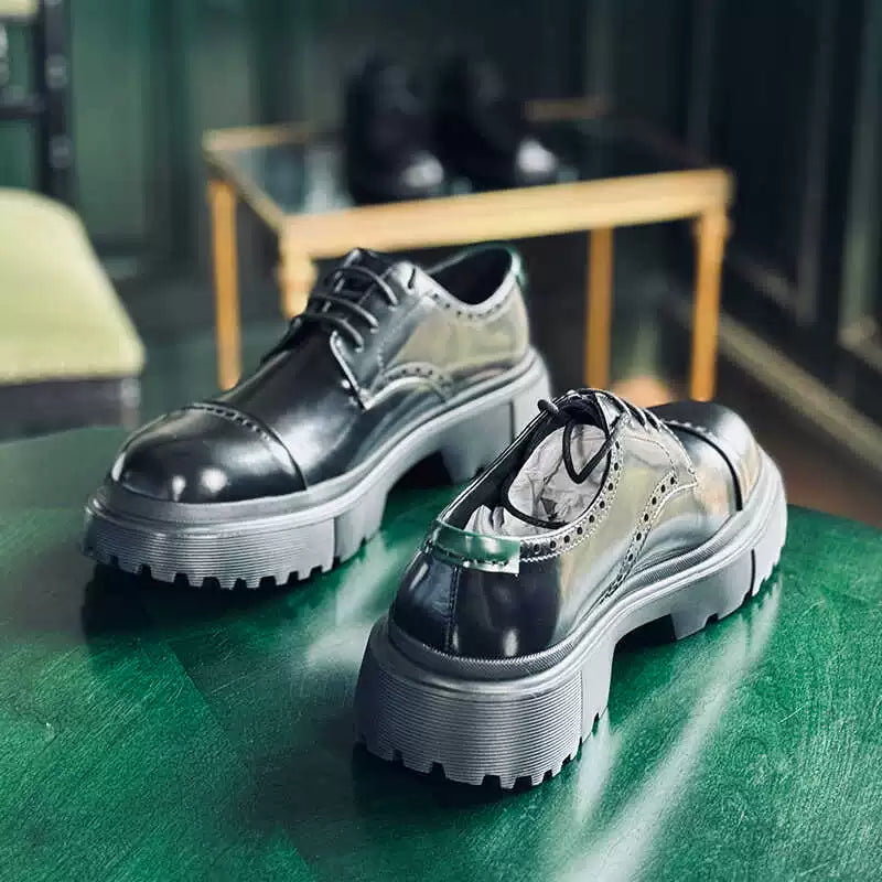 Leather shoes spring and autumn new leather fashion casual shoes pure black big head thick sole light men's shoes