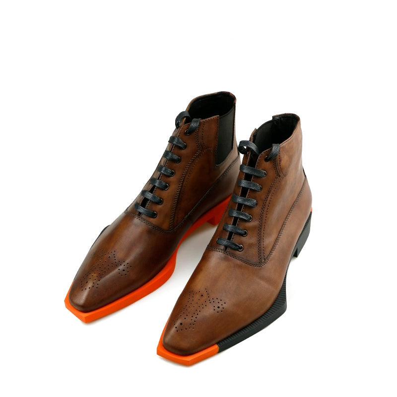 Special-shaped sole men's boots polished cowhide short tube square head lace-up high-top brown leather boots