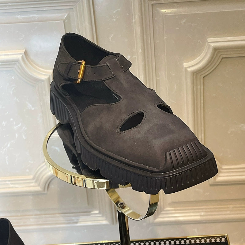 Hollow leather shoes frosted cowhide square head comfortable casual leather sandals hipster