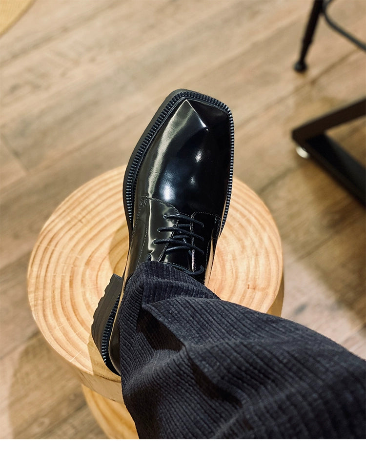 Special-shaped leather shoes personalized bottom first layer cowhide lace-up men's shoes black platform derby shoes