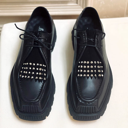 Square head casual kangaroo shoes fringed rivets TPU light bottom tide lace-up cowhide men's shoes