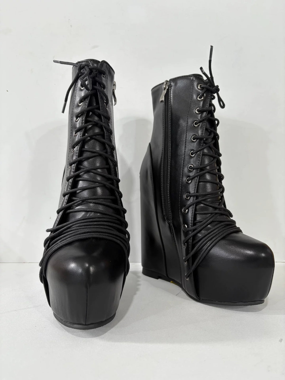 punk strap thick bottom waterproof table short boots women's slope heel super high heel black