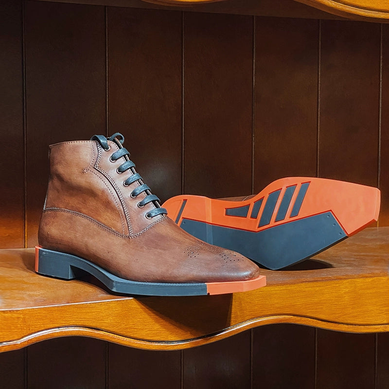 Special-shaped sole men's boots polished cowhide short tube square head lace-up high-top brown leather boots