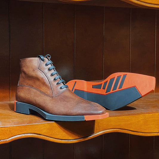 Special-shaped sole men's boots polished cowhide short tube square head lace-up high-top brown leather boots