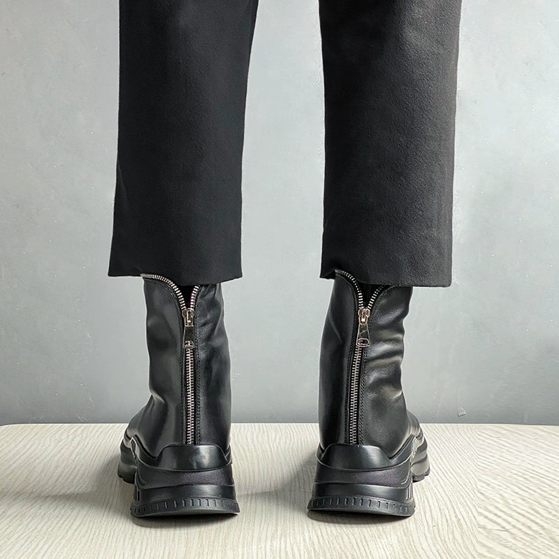 Sports leather boots cowhide rear zipper short boots heightened TPU bottom cowhide thick-soled men's boots