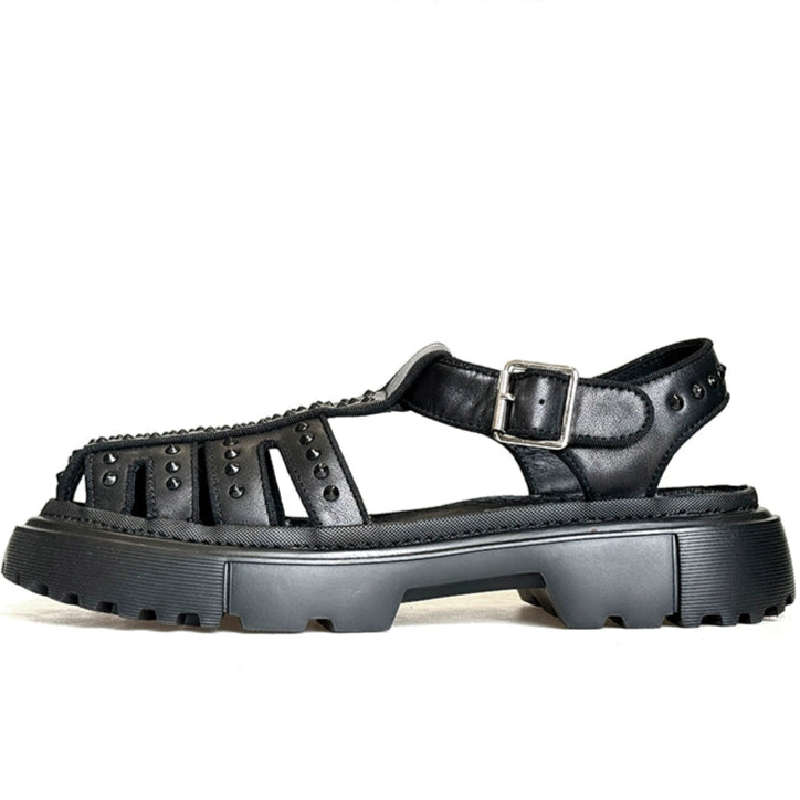 Rivet sandals men's thick soles increase height leisure beach Roman baotou hollow leather sandals
