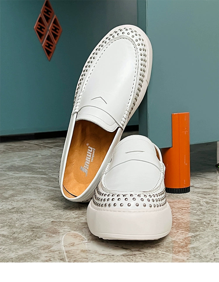 Casual board shoes, rivets, circles, soft soles, cowhide white one-pedal thick-soled men's shoes